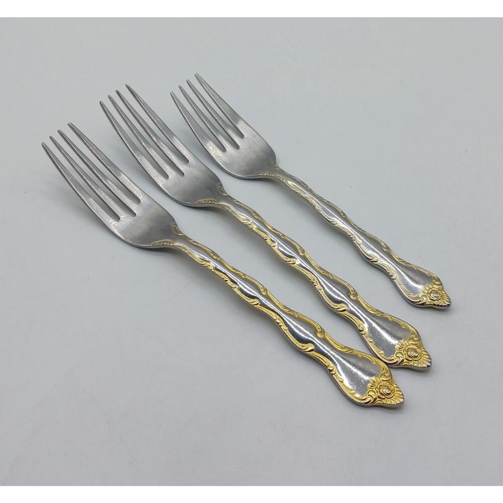 2 Dinner Forks 1 Salad Fork Rose Cascade Towle Supreme 18/8 Gold Accent Korea